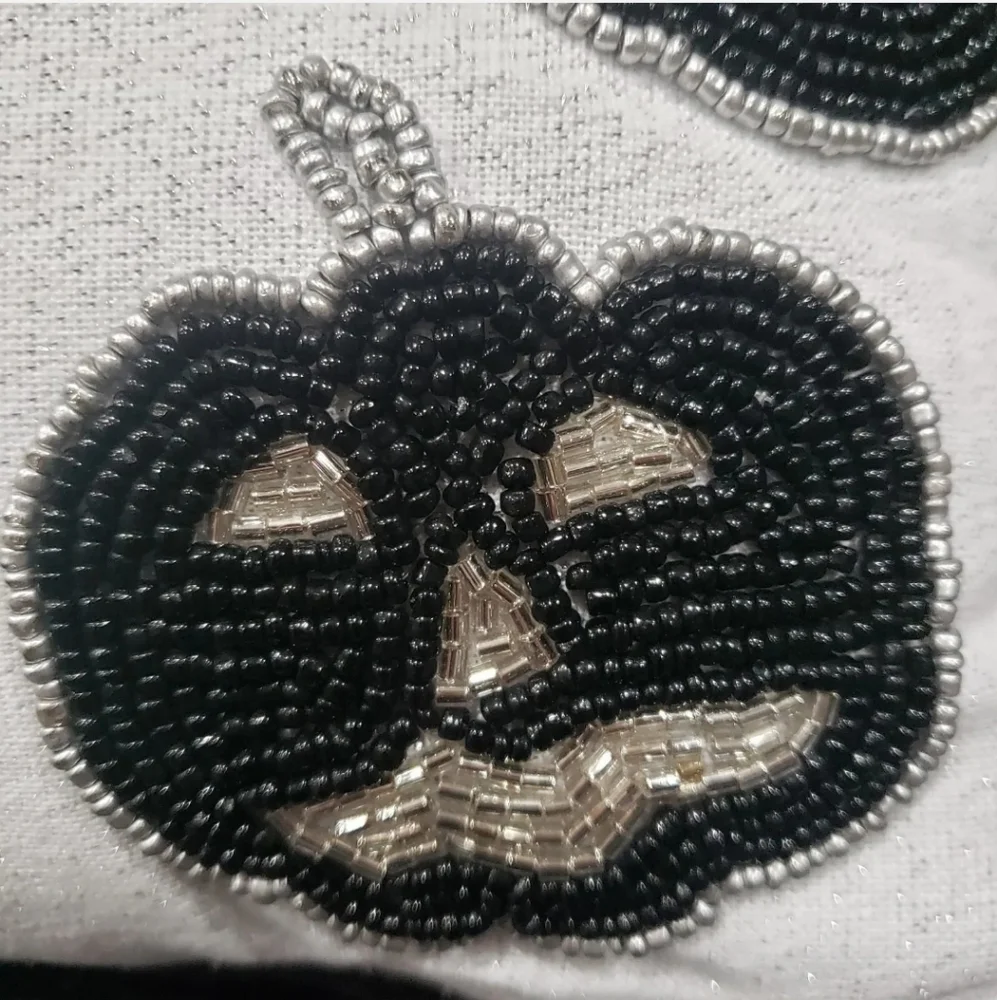 Spooky Night Halloween Jack Pumpkin Faces White Silver & Black Beaded Pillow 12